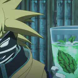 Une image de Le cocktail Rasengan Mint inspiré de Naruto, un mélange explosif de gin (3cl), Red Bull (8cl), sirop de menthe (2cl) et feuilles de menthe (2 feuilles) - image générée par IA (DALL-E)