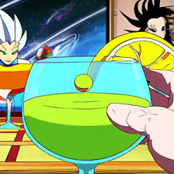 Une image de Le cocktail Kamehameha à base de martini, eau de coco et jus de pomme, citrons et citrons verts - image générée par IA (DALL-E)