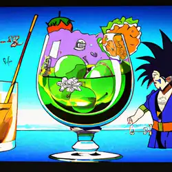Une image de Le cocktail Saiyan Fizz avec du rhum, du coca cola, du jus d'ananas, du sirop de grenadine, du sirop de menthe et des feuilles de menthe !
