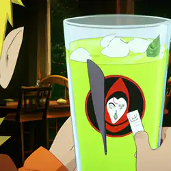 Une image de Le cocktail Rasengan de Naruto : gin, jus de citron, jus de cranberry, sirop de menthe et feuilles de menthe - image générée par IA (DALL-E)