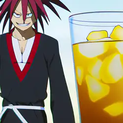 Une image de Le Yoh Asakura's Shaman Cocktail : 6cl de sake, 6cl de coca cola, 4cl de thé vert, 4cl de sirop de fraise - image générée par IA (DALL-E)