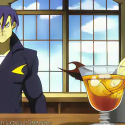 Une image de Le cocktail Le Roy Mustang Inferno : Gin (3cl), jus de citron (2cl), jus de pomme (7cl), sirop de pêche (2cl), et le zeste d'un citron - image générée par IA (DALL-E)